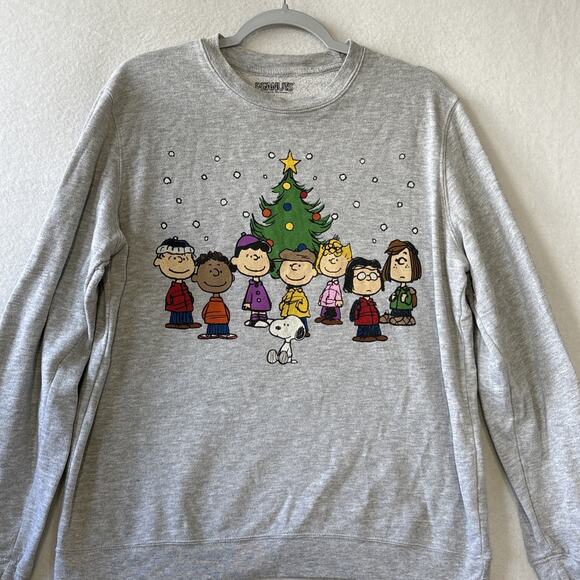 PEANUTS Christmas Pullover Sweatshirt Womens Size L Gray Graphic Print Fleece - Picture 1 of 10